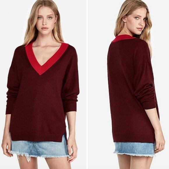 Express | Deep V Contrasting Sweater In Red/Burgundy - Picture 12 of 12